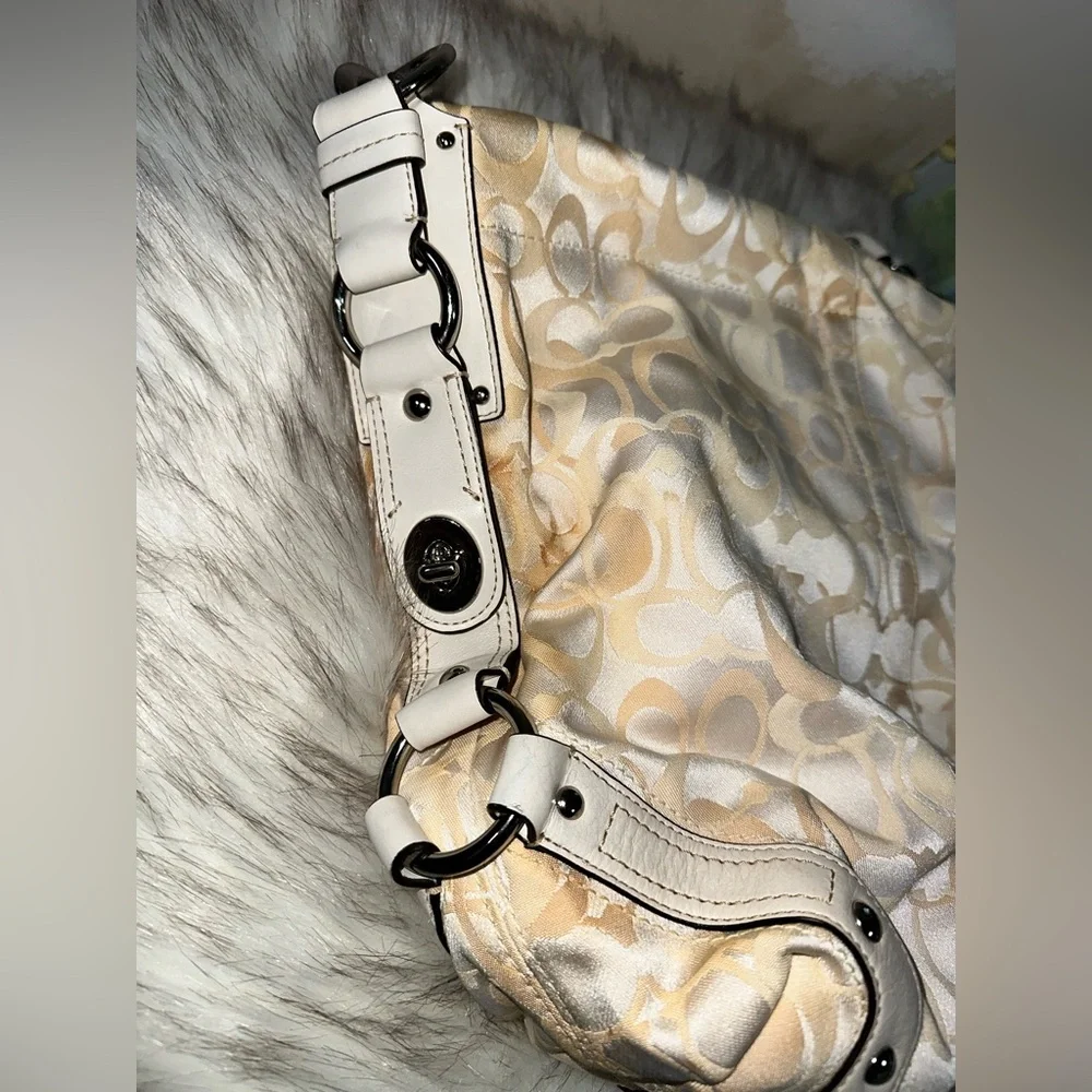 COACH Pearl White + Beige Canvas and Leather Carly Hobo Bag No H09873-F13981 - Picture 3 of 16